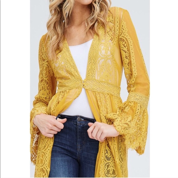 Mustard Long Lace Duster Cardigan, Kimono - Picture 4 of 5